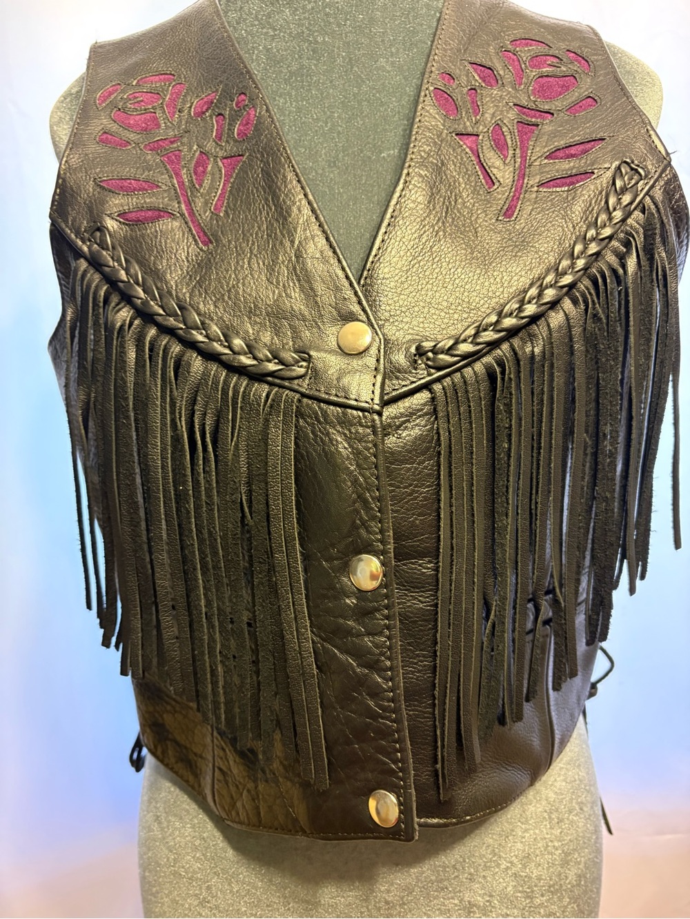 Black Leather Fringe Vest with Purple  Floral Inset — Women's Western Vest,